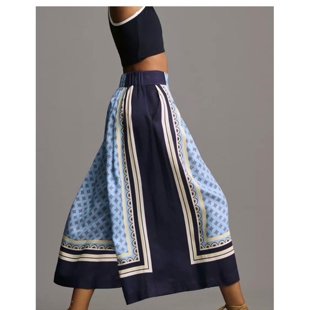 Anthropologie Maeve Scarf Print Blue A-line Culottes Wide Leg Pants Pockets XL - Picture 3 of 13